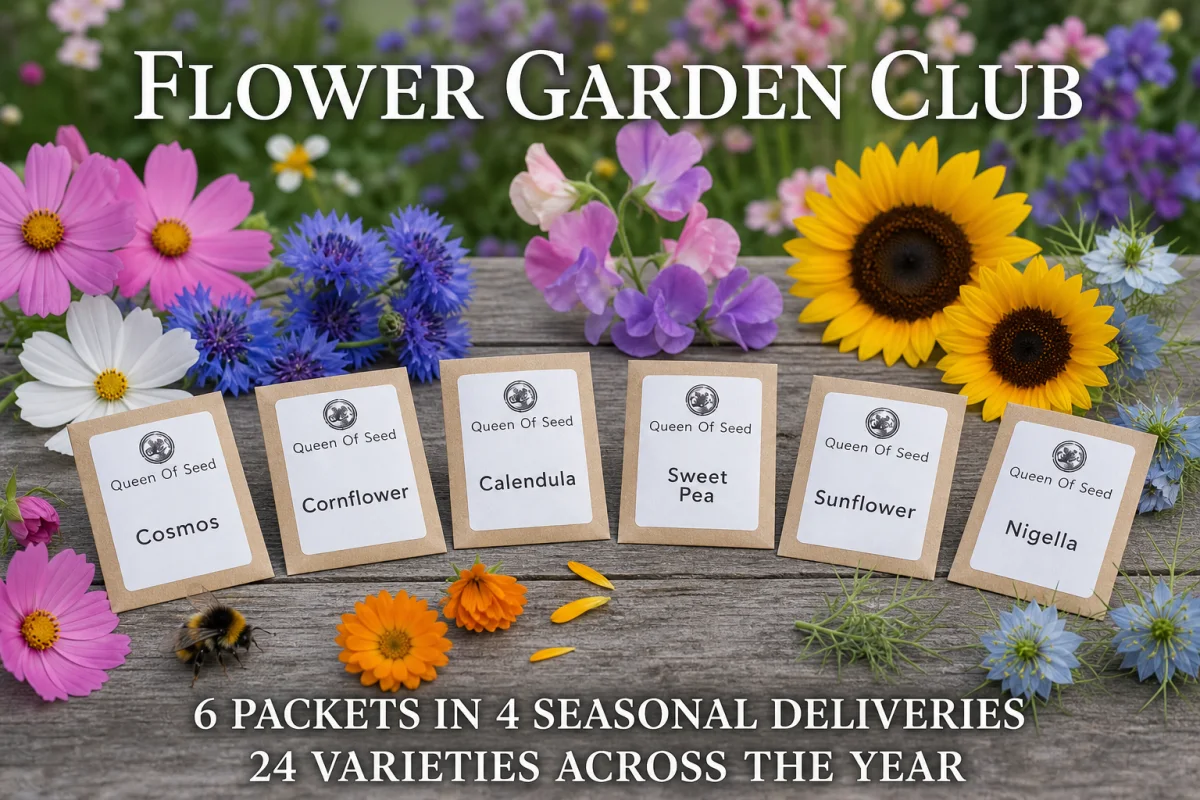 Flower Garden Club with six Queen of Seed packets in four seasonal deliveries